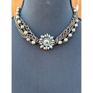 Chunky Layered Chain Necklace with Crystal Sunburst Pendant - Gunmetal/Brass